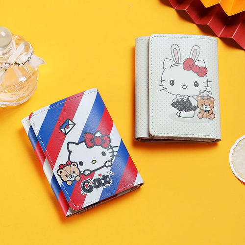 卡通可爱KT猫折叠三折钱包女个性便携带多功能零钱包皮夹一体卡包