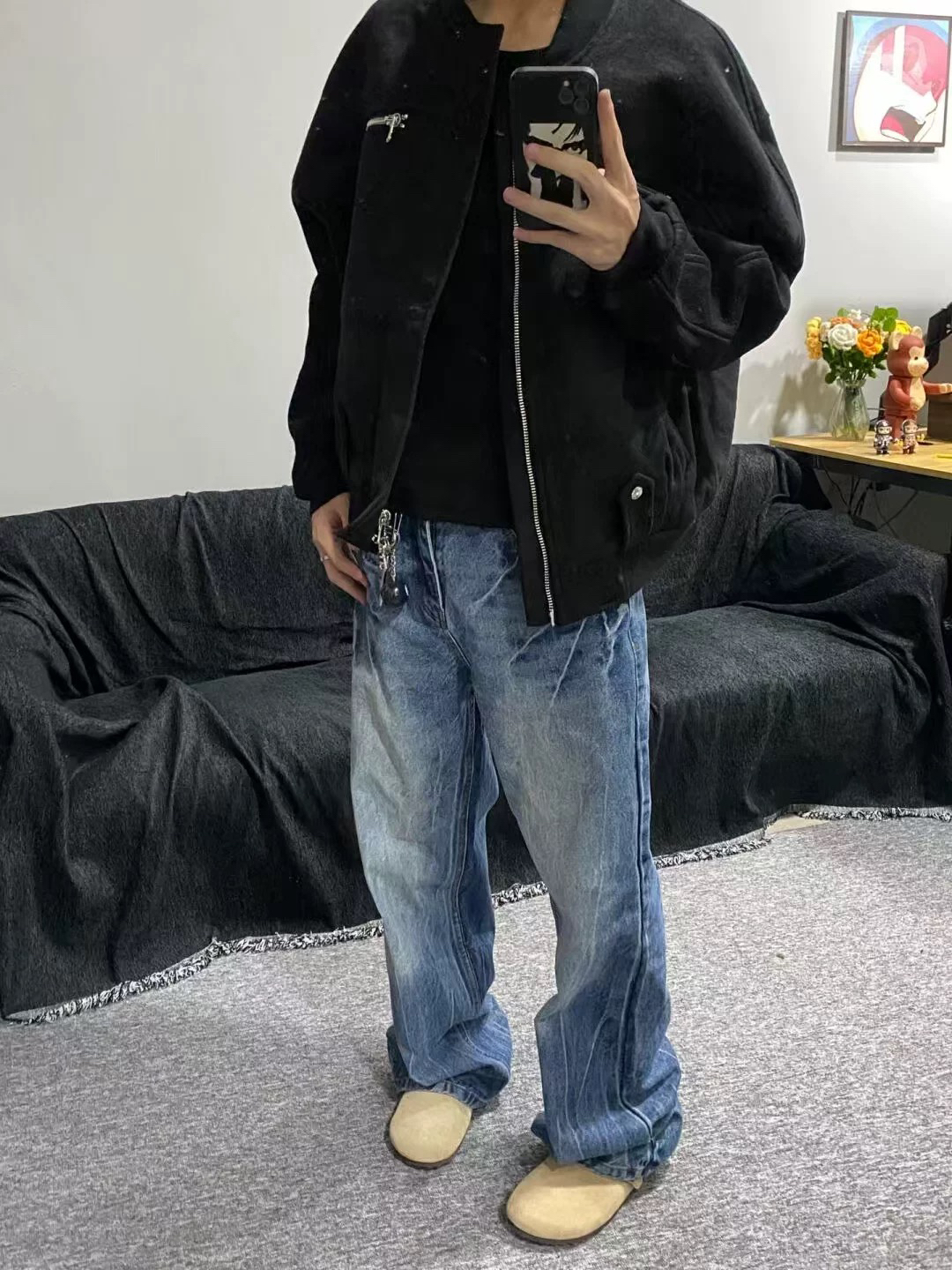 韩国冰蓝517vibe闪电爆裂纹蓝色cleanfit牛仔裤重工水洗微喇裤