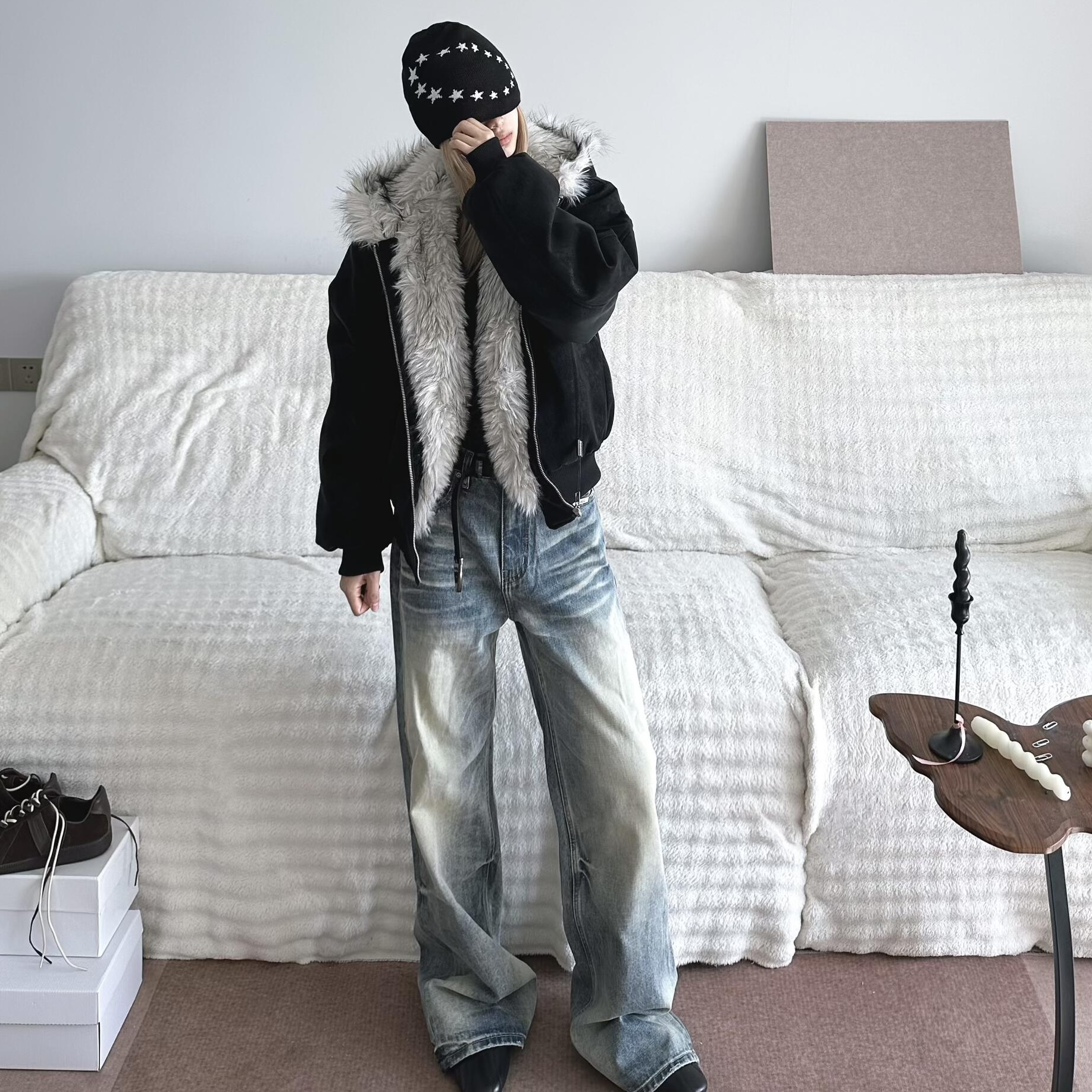 新时代OG牛王A字型水洗蓝直筒宽松原牛cleanfit手工猫须牛仔裤男