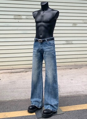 新时代OG复古爆裂树枝纹微喇牛仔裤重磅水洗宽松cleanfit裤子