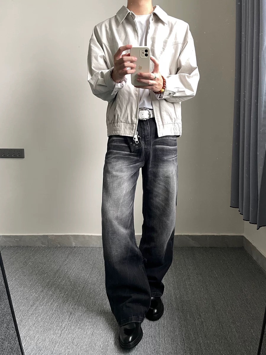 新时代OG 2021M闪电裂纹水洗黑牛仔裤直筒cleanfit磨破洞百搭长裤