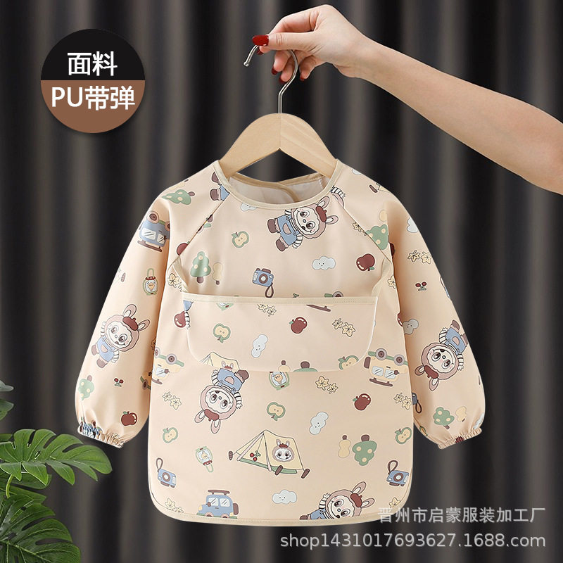 儿童罩衣宝宝吃饭围兜防水防脏围裙长袖免洗PU软皮反穿衣婴儿护衣