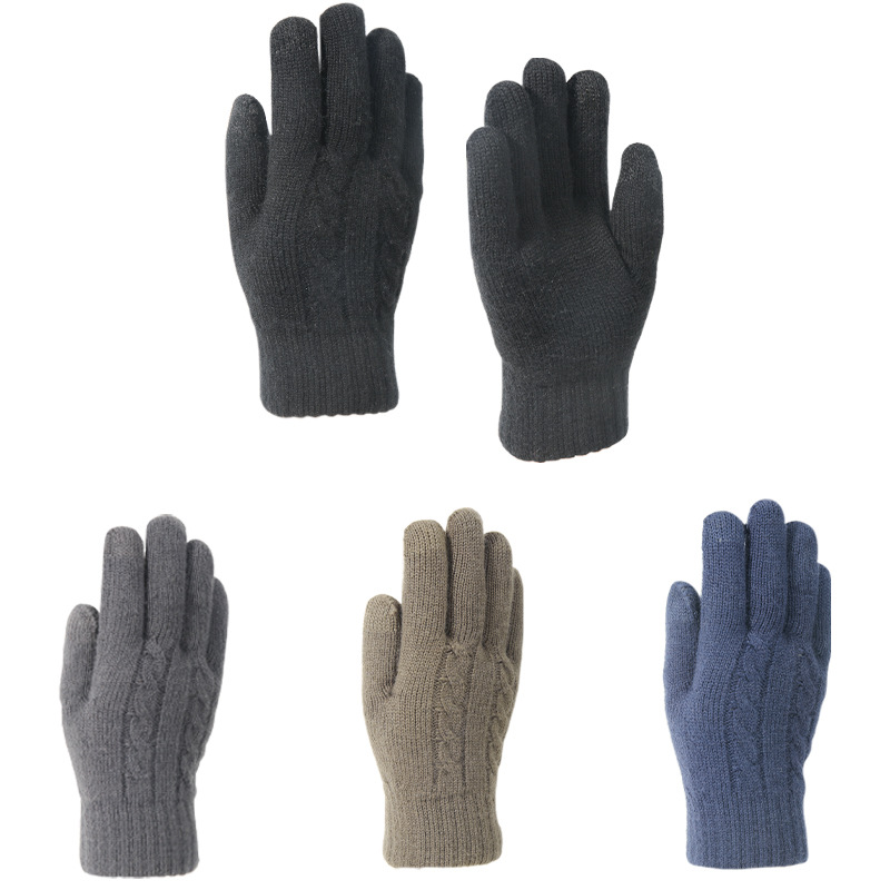 男款冬季针织手套双层加绒加厚防寒保暖户外骑行触屏手套加厚保暖