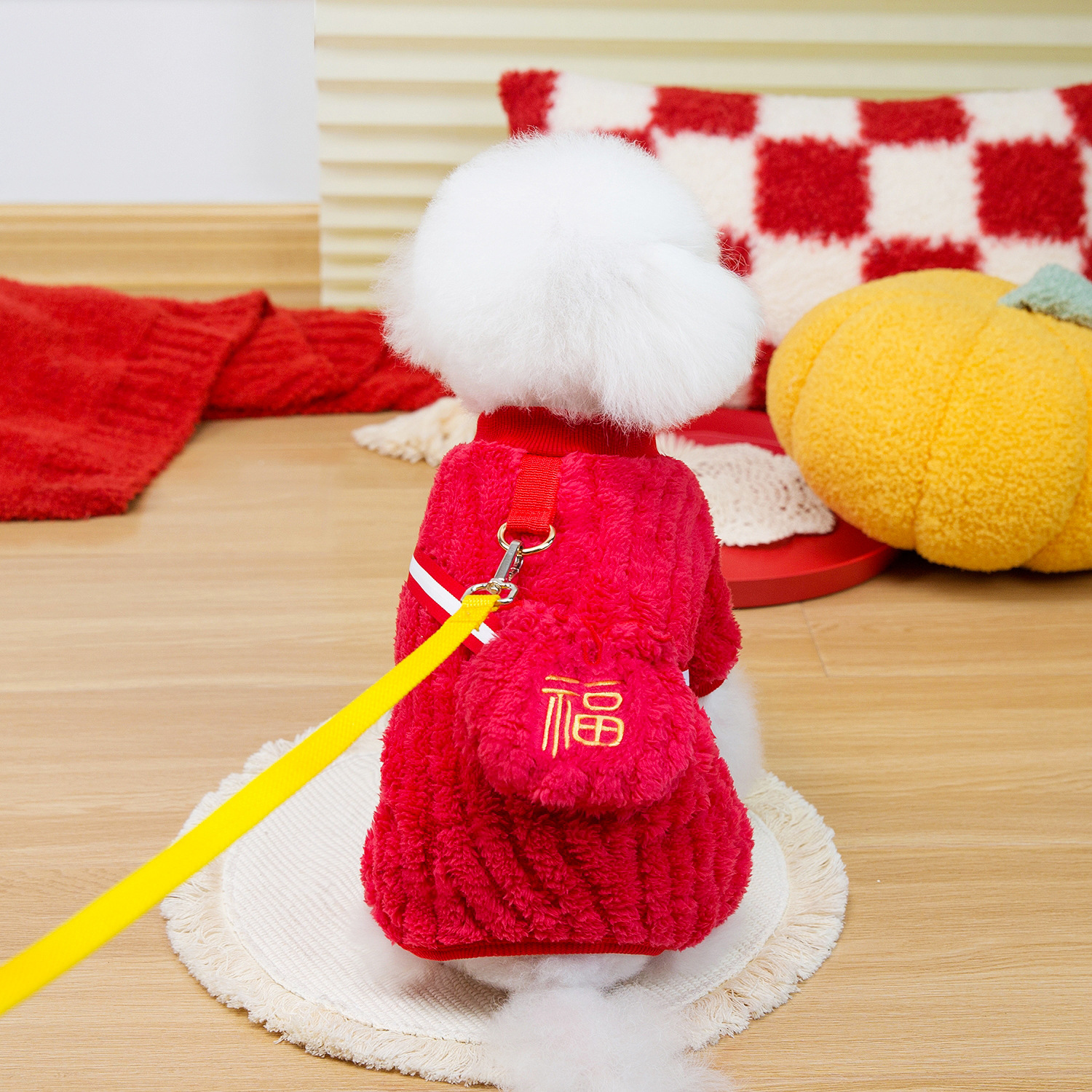 宠物狗狗新年衣服泰迪比熊小型犬冬季保暖过年喜庆口袋福四腿绒衣
