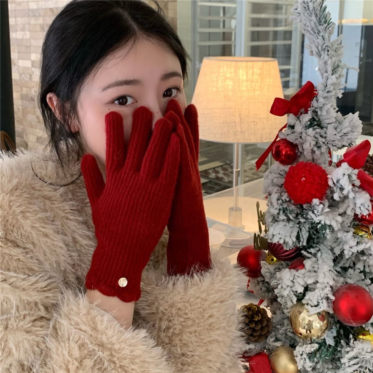 丁走走韩国羊毛针织纯色手套软糯冬季保暖骑车可触屏手机分指手套