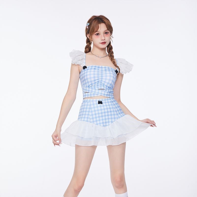 格子控可爱少女分体泳衣女款泡温泉保守高腰裙式遮肚显瘦2025新款