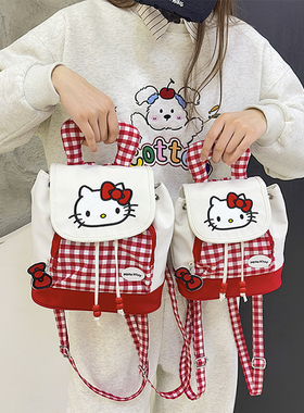 hellokitty红色格子双肩包包女2025新款卡通凯蒂猫软萌迷你小背包