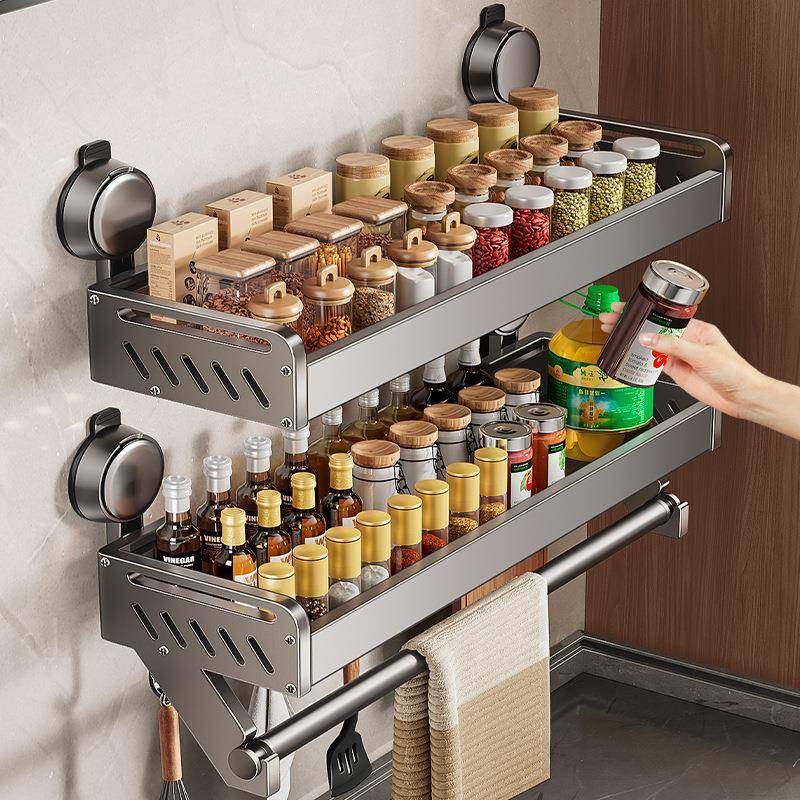 吸盘式厨房置物架免打孔太空铝壁挂式多功能家用调料品收纳架,厨房/烹饪用具,抹布架/厨房清洁收纳架,淘宝优惠券,粉丝福利购,淘宝优惠卷
