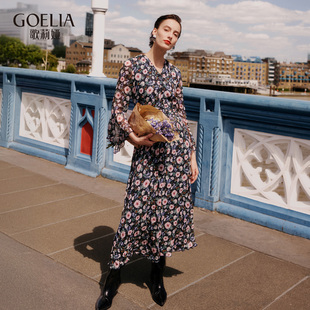 歌莉娅秋季 10姆米真丝乔其印花收腰连衣裙配发圈1E8L4K0C0 新品