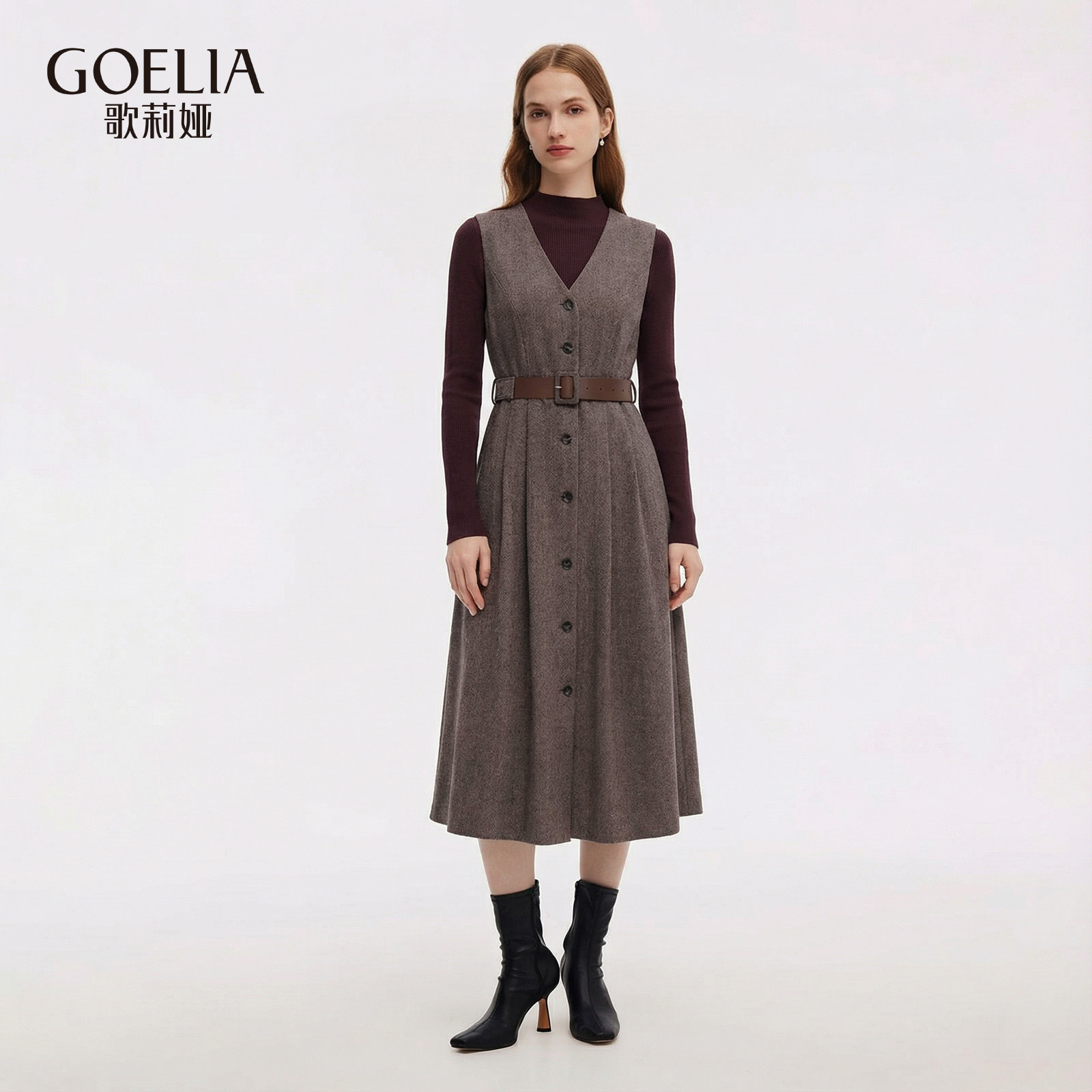歌莉娅冬新品人字纹可水洗羊毛毛衣+背心连衣裙+腰带1ENLAE0U0,女装/女士精品,时尚套装,淘宝优惠券,粉丝福利购,淘宝优惠卷
