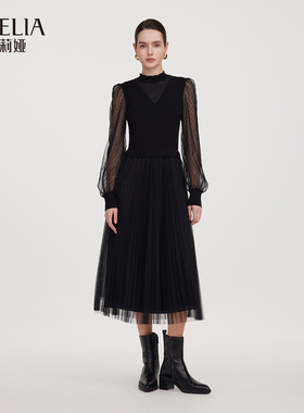 歌莉娅秋季新品针织拼接网纱连衣裙（配送头花）1E8R4G6U0