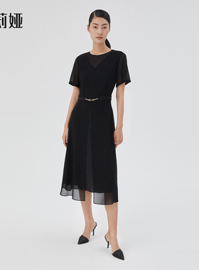 歌莉娅奥莱夏季三醋酸黑色气质垂感连衣裙124L4K570