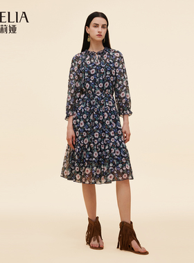 歌莉娅秋季新品10姆米真丝乔其印花宽松连衣裙1E8L4K530