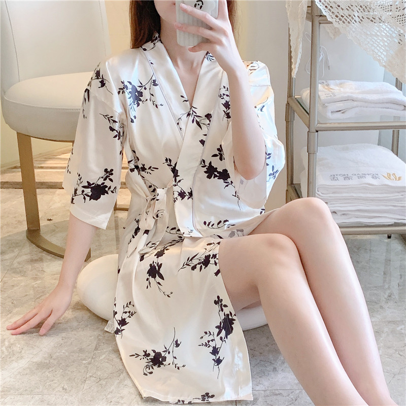 睡袍女夏季冰丝绸睡衣女款春秋2025夏款薄款性感睡裙和服免脱浴袍