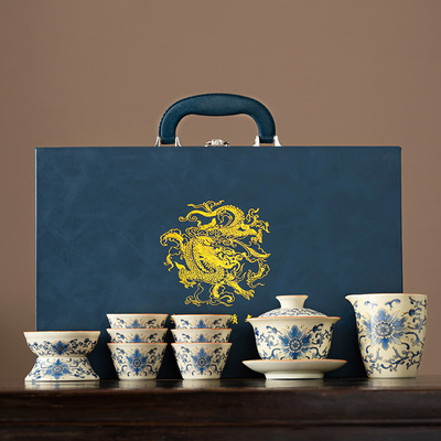 Blue and white entwined lotus Kung Fu tea set, light luxury retro tea set, company printed souvenir, high-end gift box