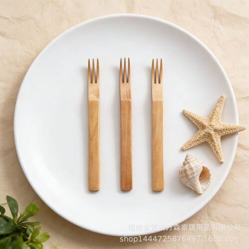 Portable wooden dessert fork, lotus wood flat angle three tooth fruit fork, creative salad, natural wood color, Western