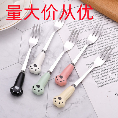 304 stainless steel fruit dessert fork creative cute fruit sign cat paw cake fork mooncake fork eating fruit small fork
