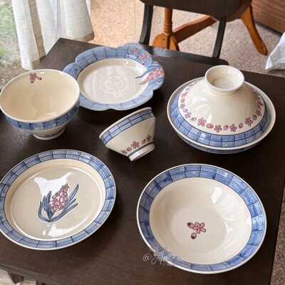 Diesel fired wind chime flower ceramic tableware set for home use, French hand-painted underglaze color rice bowl, nood