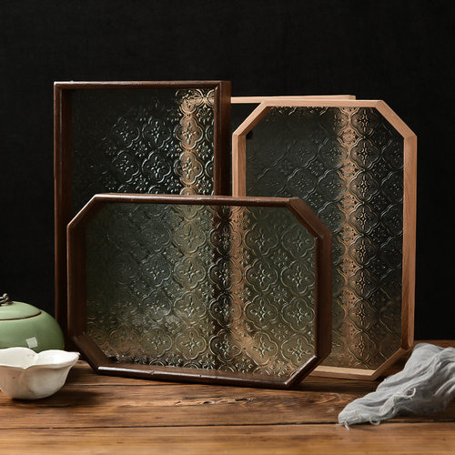 Begonia embossed glass tray Walnut color rectangular tea tray storage and display tea cup fruit Dim sum plate