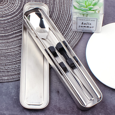 304 stainless steel chopstick spoon set portable tableware storage box for students, office workers, outdoor single per