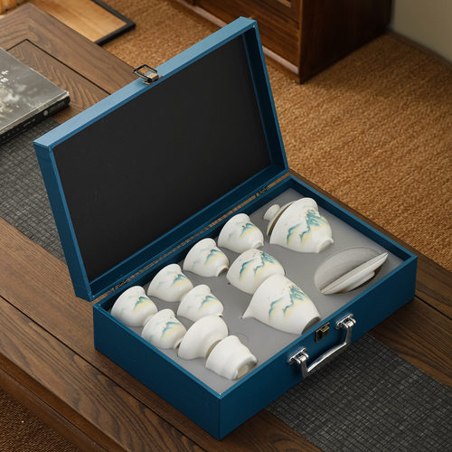 Dehua Sheep Fat Jade White Porcelain Kung Fu Tea Set, Simple and Complete Set, Light Luxury Gift with Handheld Gift, Bo