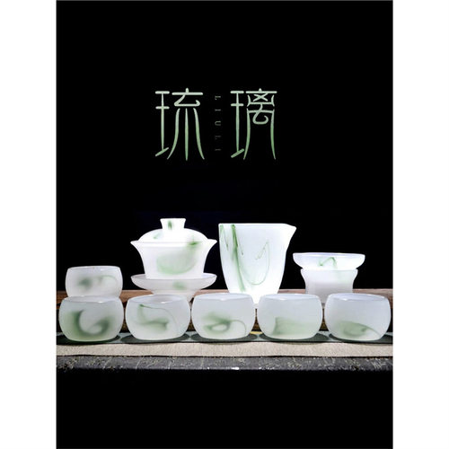 Glass tea set set set set, white jade tea cup for home and office gifts, jade porcelain glass kung fu covered bowl gift