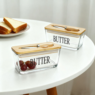 Glass butter box, sealed with lid, spatula, household dessert preservation box, cheese box, sealed storage, fruit bowl