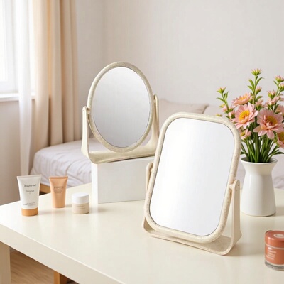 Desktop double-sided straw makeup mirror, desktop home standing dormitory student makeup mirror, girl's heart folding m