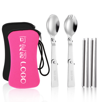 304 stainless steel rotating folding spoon and chopstick set for students' outdoor travel, small and portable cutlery b