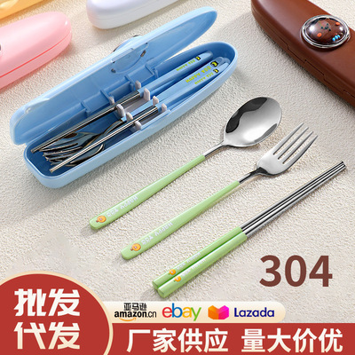 304 stainless steel spoon fork chopstick tableware three piece set cartoon children's tableware outdoor portable tablew