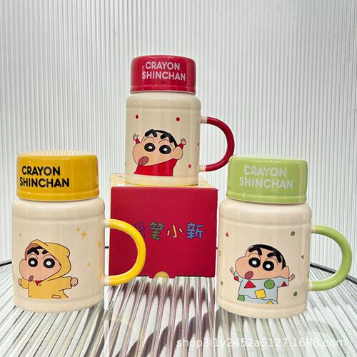 Authentic authorized Crayon Shin chan drinking cup with lid, cute ceramic mug for girls' birthday gift giving