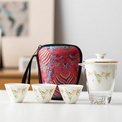 Dehua tea set, Yangzhi jade porcelain travel tea set, portable Kung Fu tea pot, outdoor Kuaike cup, souvenir