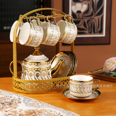 European style gold-plated ceramic water utensil cup set with hand-held gift, cold water pot, teapot with iron frame, g