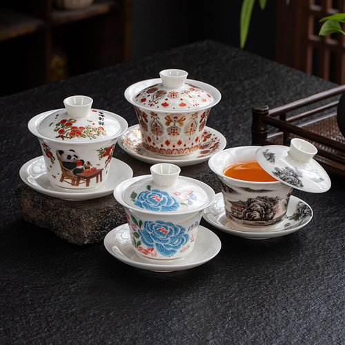 Exquisite sheep fat jade stop rotating three piece lid bowl, single household high-end tea bowl, tea cup, ceramic palac
