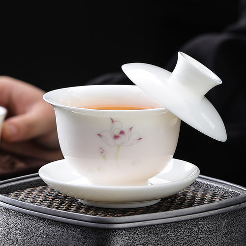 White porcelain hovering sheep fat jade covered bowl tea with three talents covered bowl household single ceramic tea b