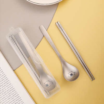 Titanium portable tableware set 304 stainless steel Kapibala cartoon spoon fork chopsticks student travel set