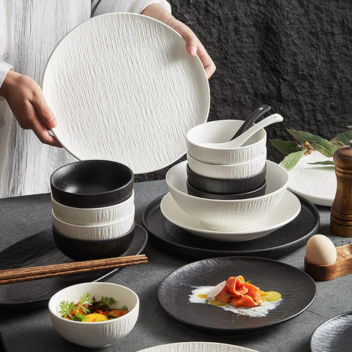 Black and white ceramic dishes, plates, vegetable dishes, household dining bowls, soup bowls, fish dishes, high-end fee