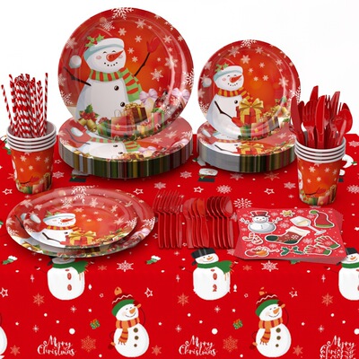 Christmas themed birthday party disposable paper plates, paper cups, tissues, tablecloths, flags, tableware, decoration