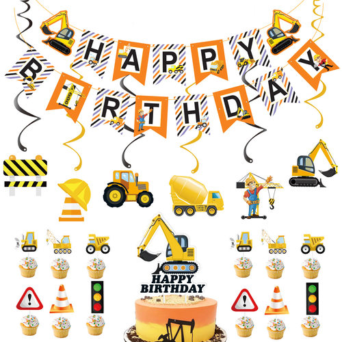 Children's cartoon dump truck excavator engineering vehicle letter birthday banner baking cake card insertion engineeri