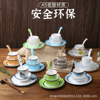 Chinese commercial melamine hotpot table set with four pieces of plastic tableware, restaurant spoons, bowls and plates