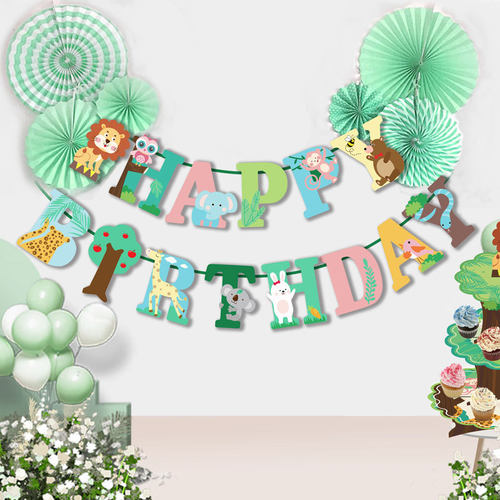 Happy Children's Birthday, Forest Lion Animal Party Decoration Banner, Flower Letter Hanging Flag, Graduation Season