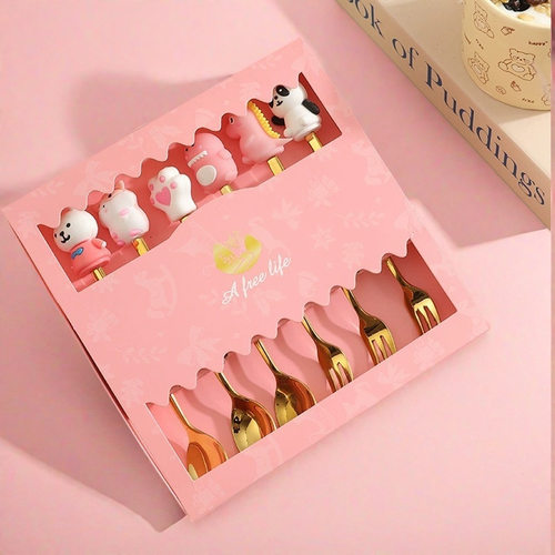 Stainless Steel Cartoon Doll Silicone Head Spoon Fork Gift Box Set Cute Small Animal Coffee Stir Spoon Fruit Fork