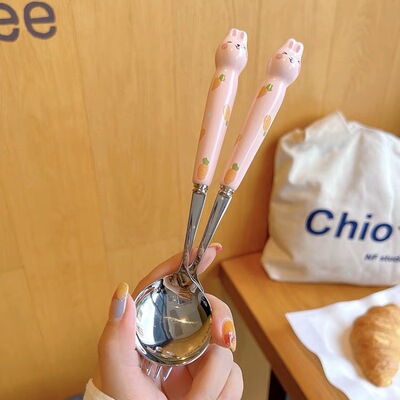 Cartoon Rabbit Fruit Fork Chopsticks Stainless Steel Spoon Home Student Retro Tableware Cute Tableware
