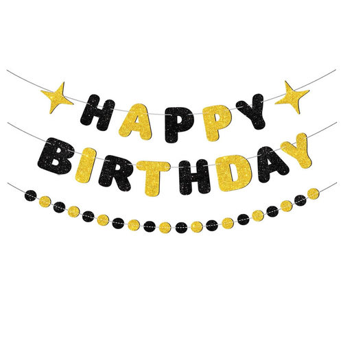 Black Gold Birthday Banner Happy Birthday Theme Banner Pulling Banner School Small Circle Pulling Flower Decoration Sce