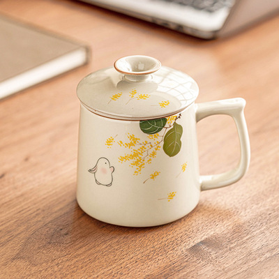 Hand drawn Golden Osmanthus Moon Rabbit Tea Cup Personal Office Tea Separation Mug with Lid Ceramic Cup Gift Box