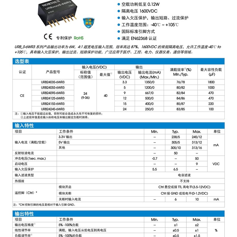 URB2405S-6WR3 金升阳 URB2403/2409/2412/2415/2424S-6WR3 DC-DC