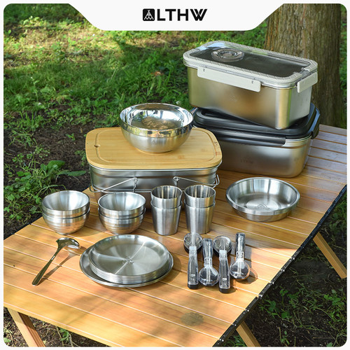 LTHW旅腾户外餐具全套露营碗筷子勺双层碗水杯菜碟盘子304不锈钢