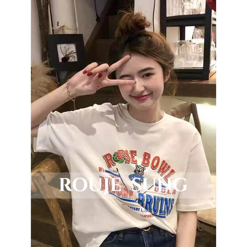 ROUJE SUNG~港味白色印花短袖t恤女夏季圆领宽松设计感美式上衣