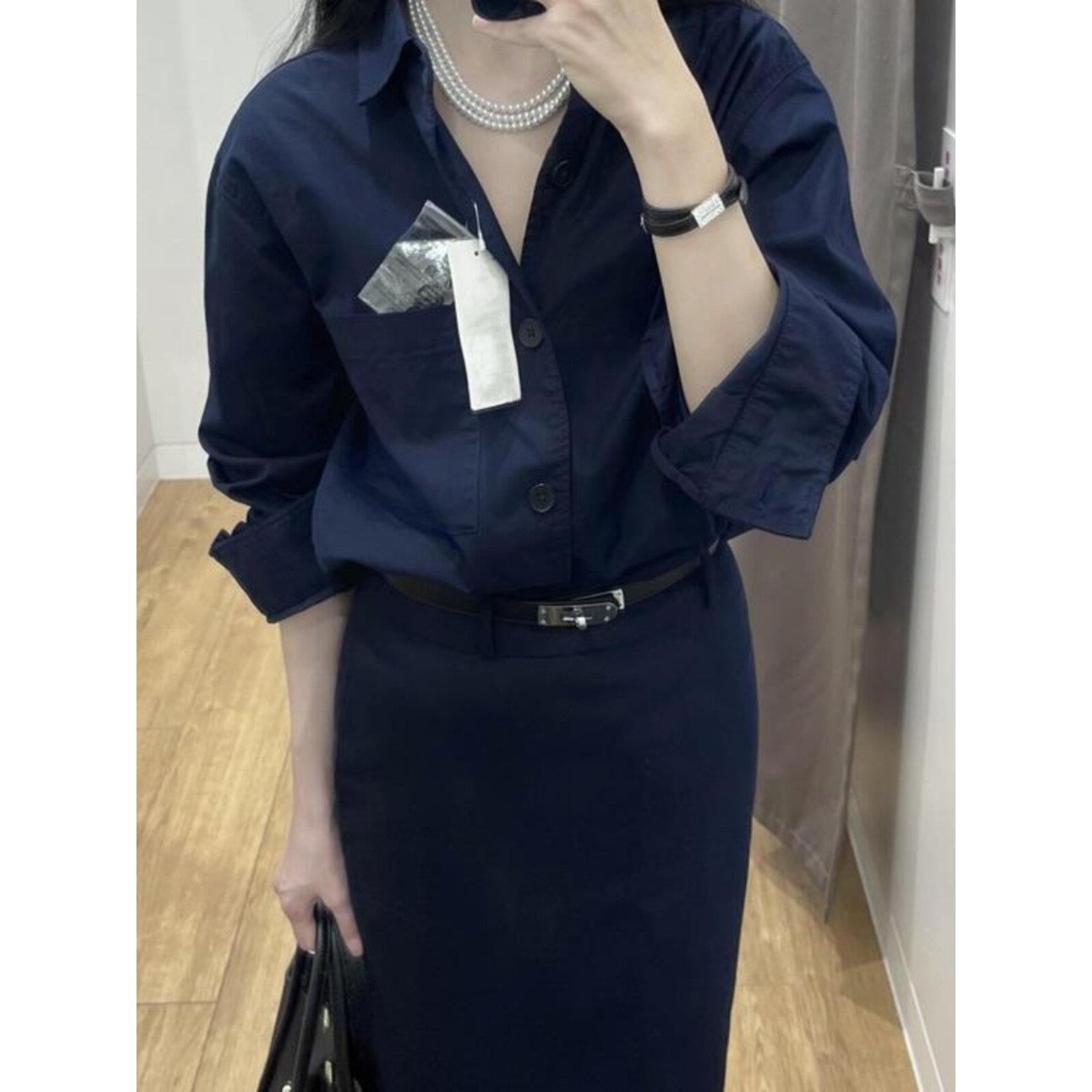 韩国NextMary复古藏青色长袖衬衫女秋季宽松显白衬衣显瘦上衣外套