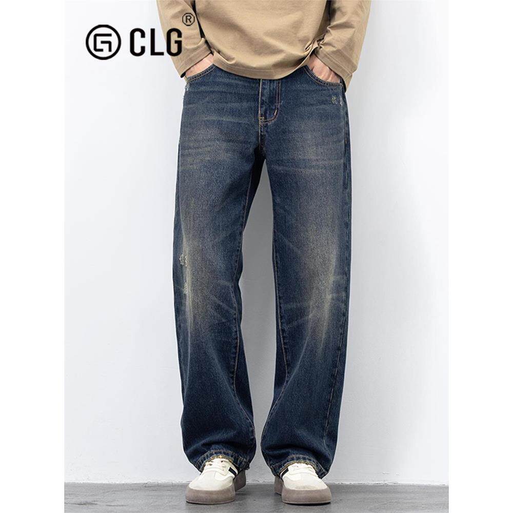 香港CLG潮牌深色牛仔裤青少年直筒宽松美式休闲潮牌水洗秋冬裤子